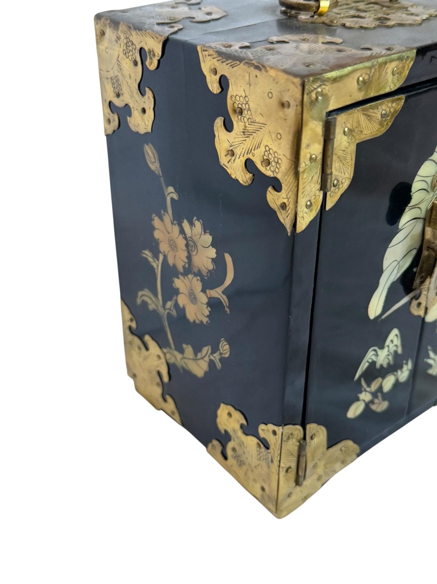 Vintage Chinese Lacquer Jewelry cabinet Box, Mother of Pearl Inlay, Wood Cabinet incl locker