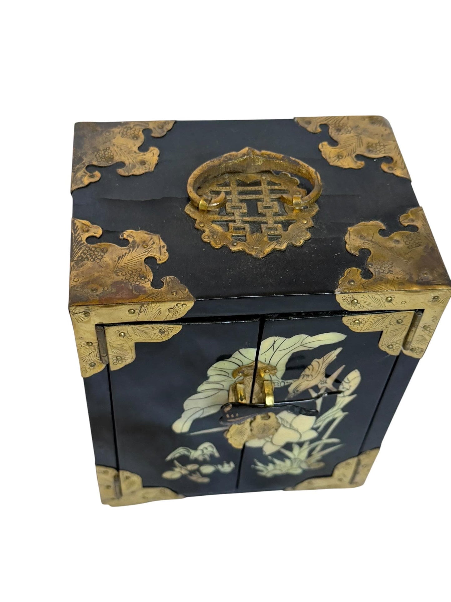 Vintage Chinese Lacquer Jewelry cabinet Box, Mother of Pearl Inlay, Wood Cabinet incl locker