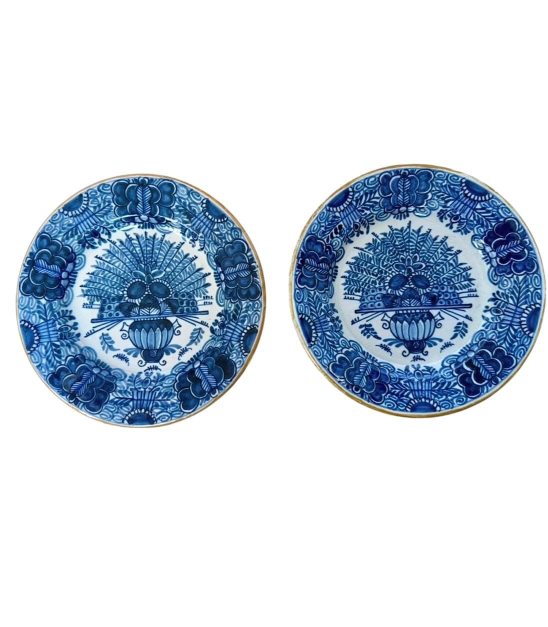 Antique pair of  Delft blue Plates,  dutch pottery ,  Handpainted Decor, 18th Century (Set of 2) wallplates peacock