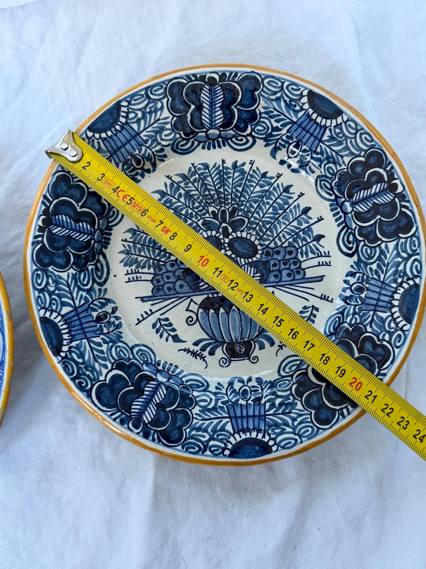 Antique pair of  Delft blue Plates,  dutch pottery ‘ the porceleyne clauw’ ,  Handpainted Decor, 18th Century (Set of 2) wallplates peacock