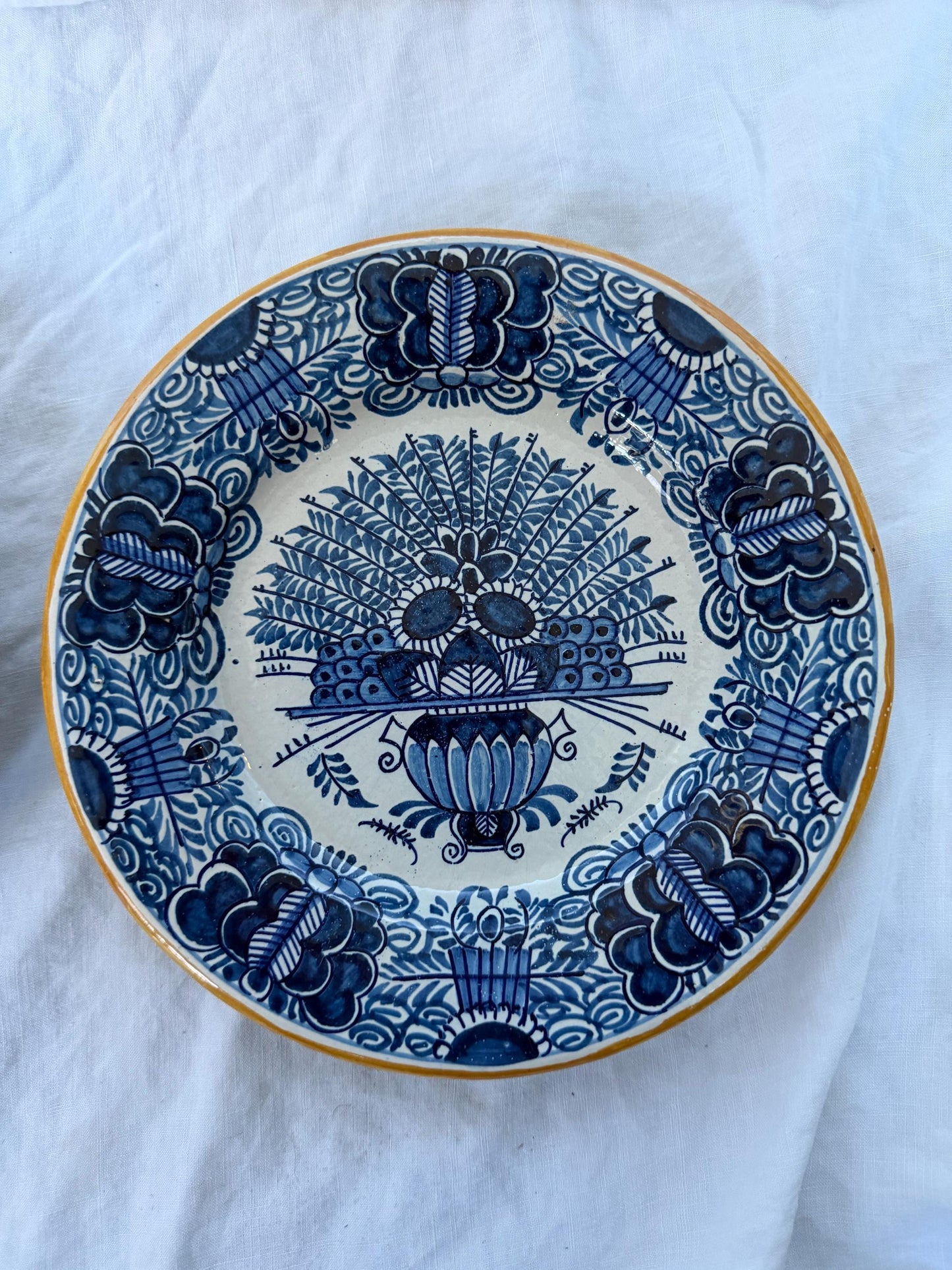 Antique pair of  Delft blue Plates,  dutch pottery ‘ the porceleyne clauw’ ,  Handpainted Decor, 18th Century (Set of 2) wallplates peacock