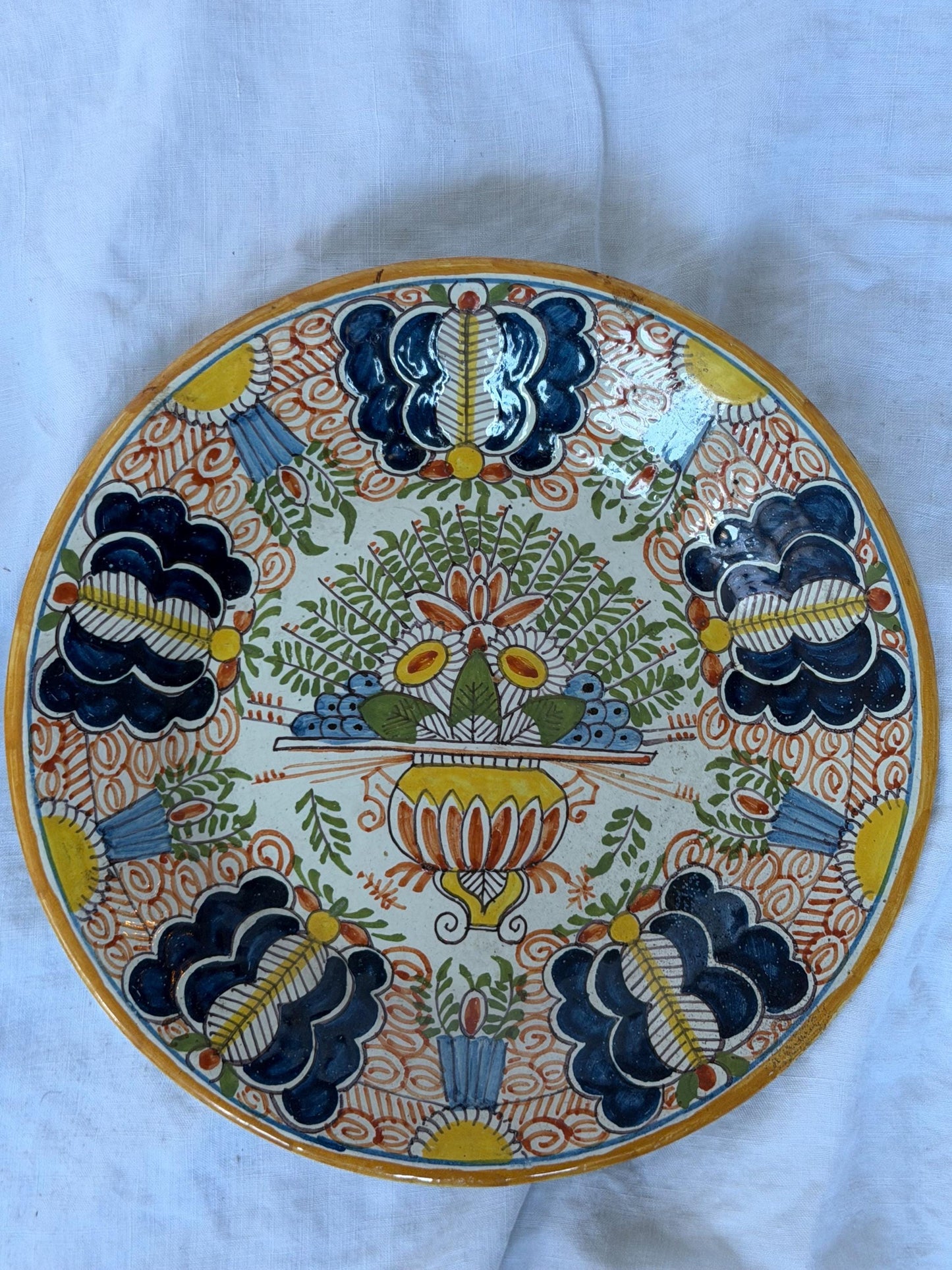 Antique pair of  Delft polychrome peacock Plates,  dutch pottery ,  Handpainted Decor, 18th Century (Set of 2) wallplates peacock