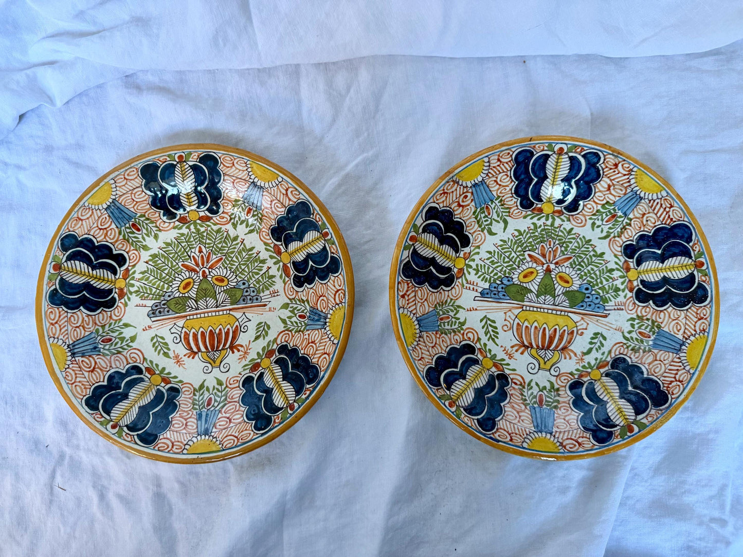 Antique pair of  Delft polychrome peacock Plates,  dutch pottery ,  Handpainted Decor, 18th Century (Set of 2) wallplates peacock