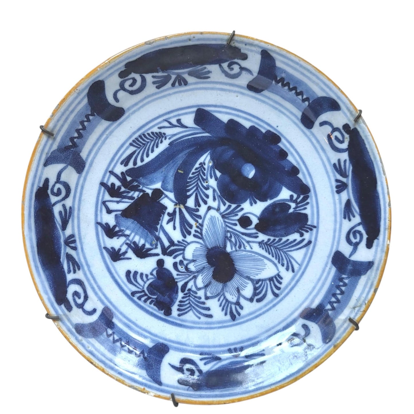 Antique Delft Plate, pottery,  18th Century Dutch Chinoiserie, Oriental flower Decor. Wall dish