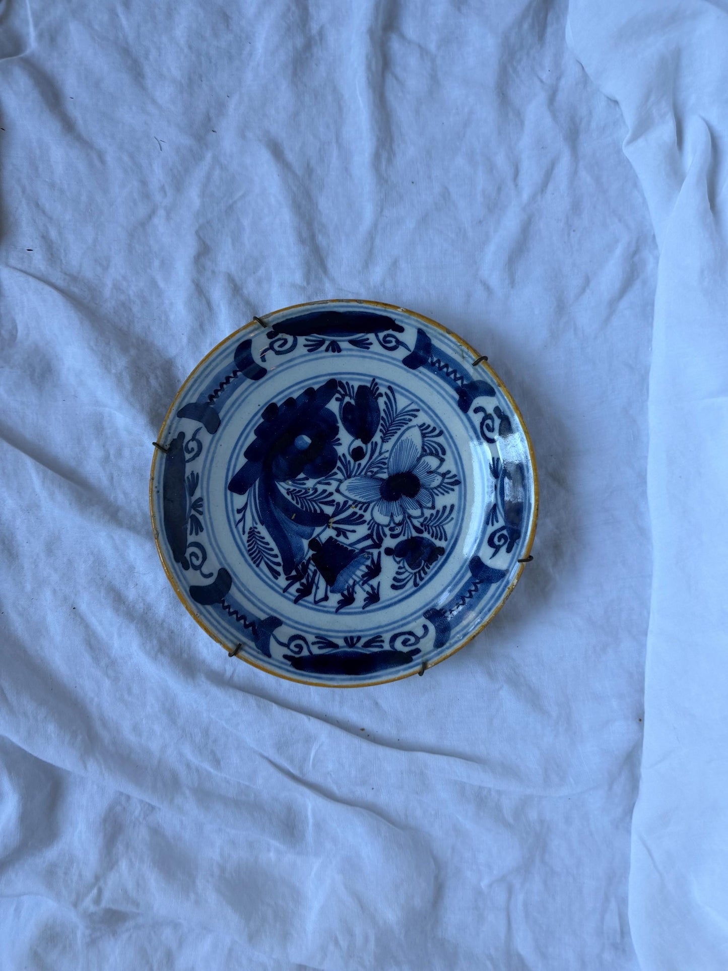 Antique Delft Plate, pottery,  18th Century Dutch Chinoiserie, Oriental flower Decor. Wall dish