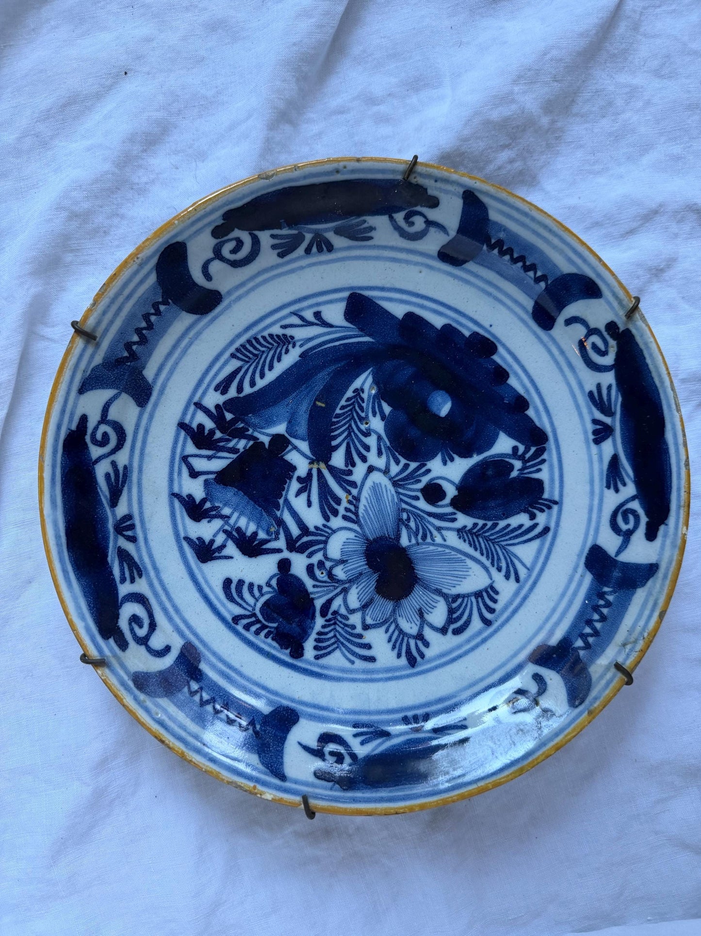 Antique Delft Plate, pottery,  18th Century Dutch Chinoiserie, Oriental flower Decor. Wall dish