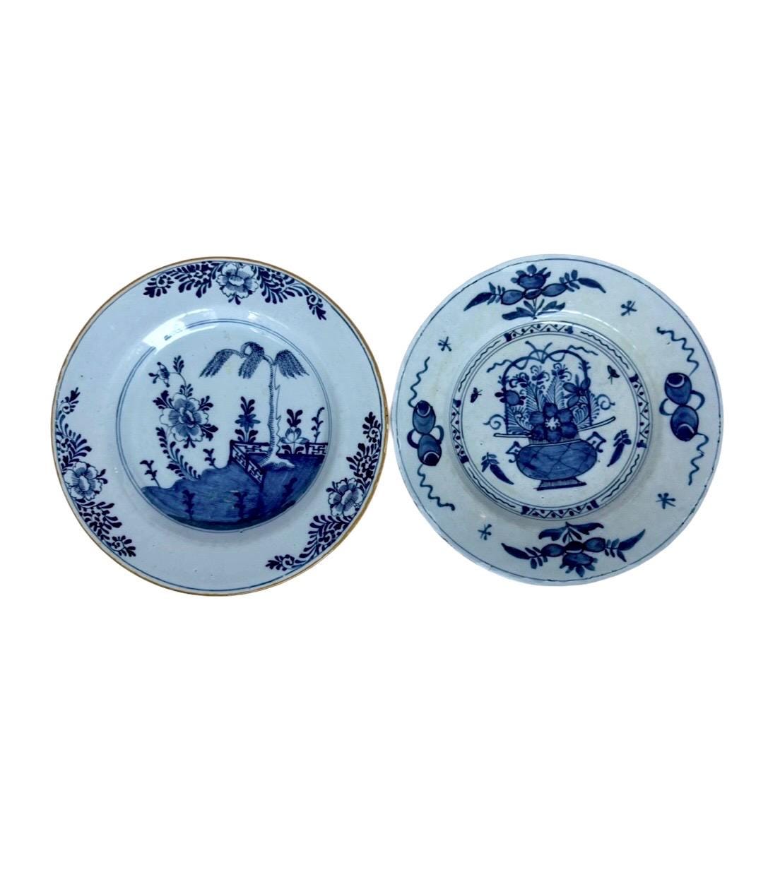Antique Delft Plates, 18th Century Dutch Chinoiserie, Oriental Decor.