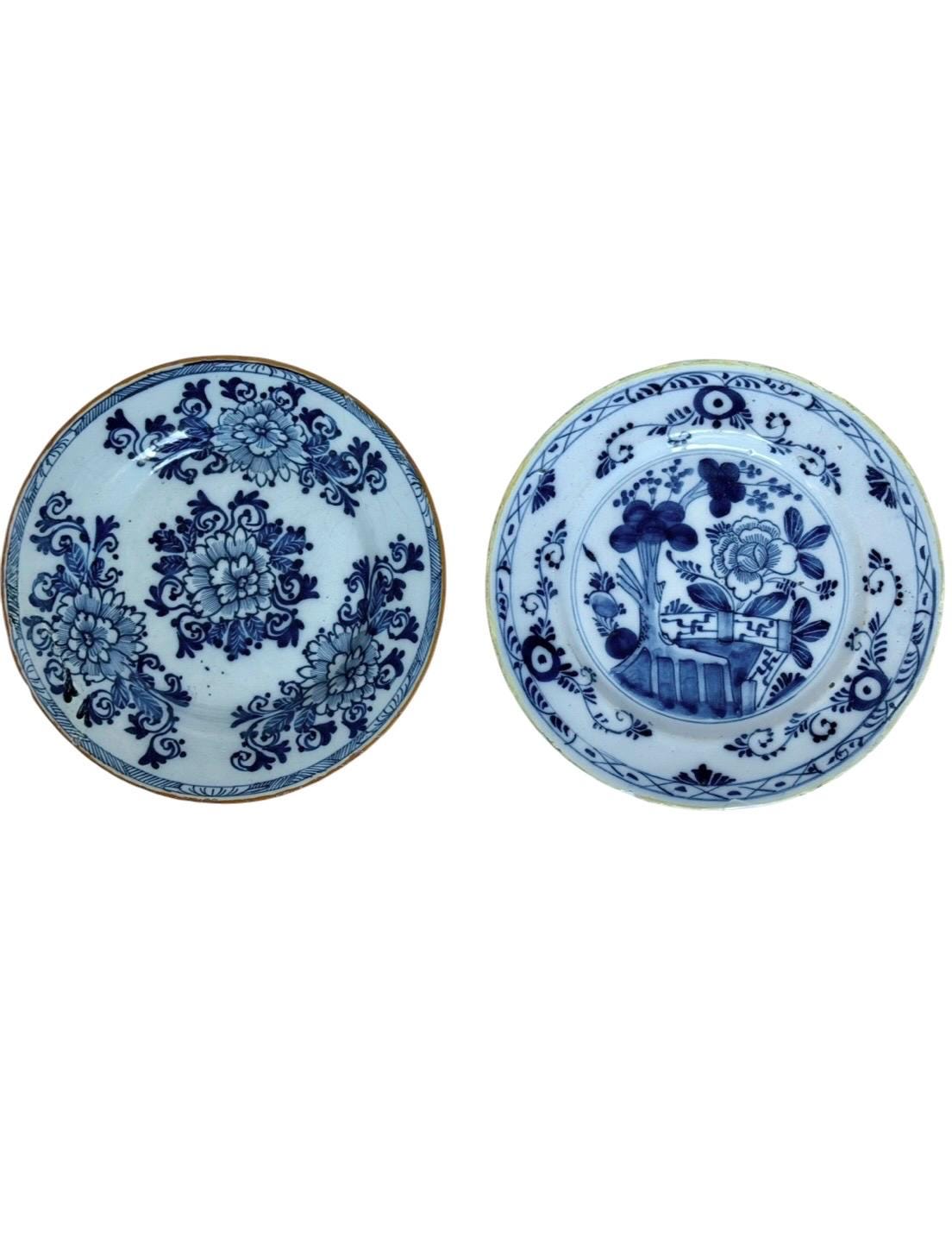 Antique Delft Plates, 18th Century Dutch flower decor