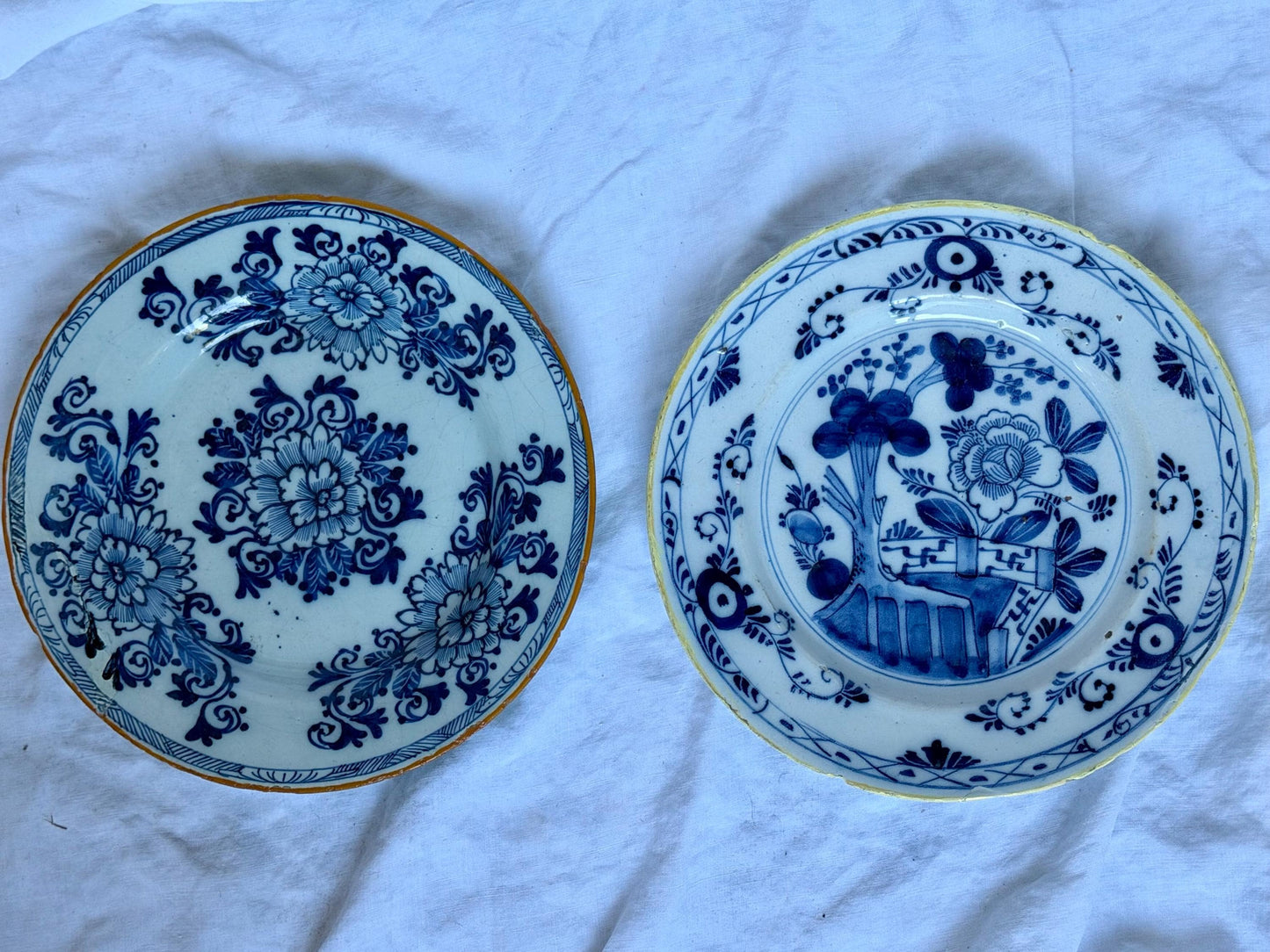 Antique Delft Plates, 18th Century Dutch flower decor