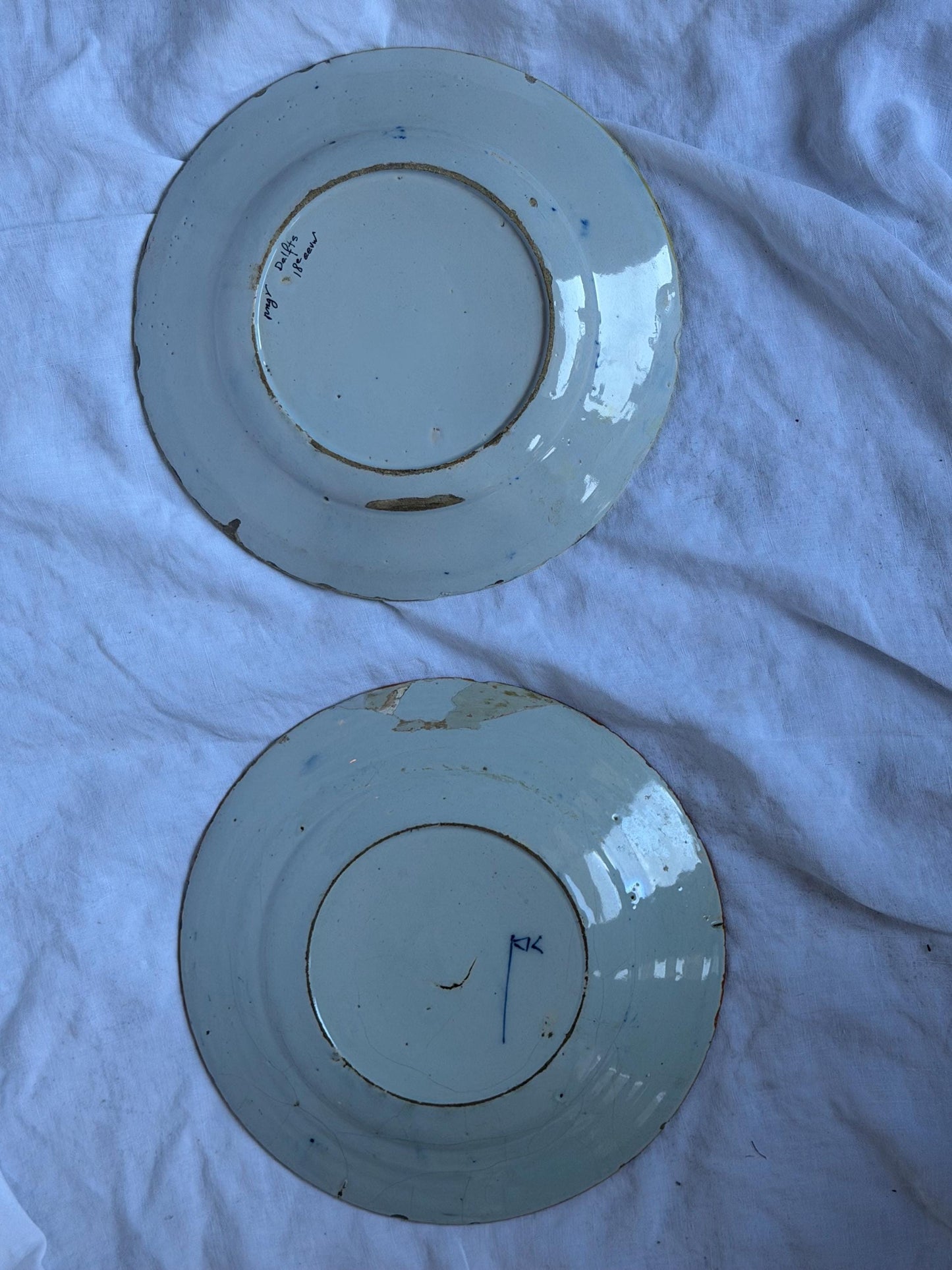 Antique Delft Plates, 18th Century Dutch flower decor