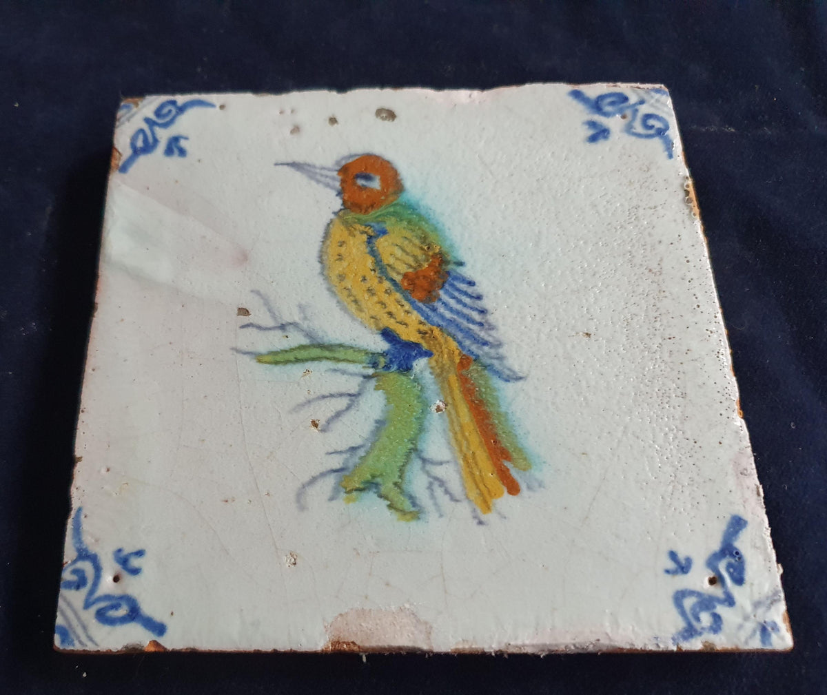 Antique Delft Tile - Polychrome  Bird with oxhead corner Motifs, Around 1640 animaltile