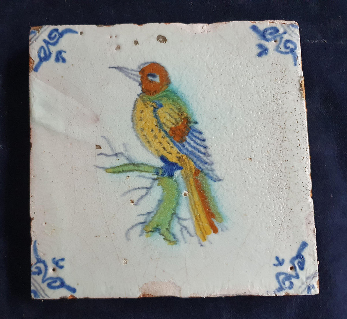 Antique Delft Tile - Polychrome  Bird with oxhead corner Motifs, Around 1640 animaltile