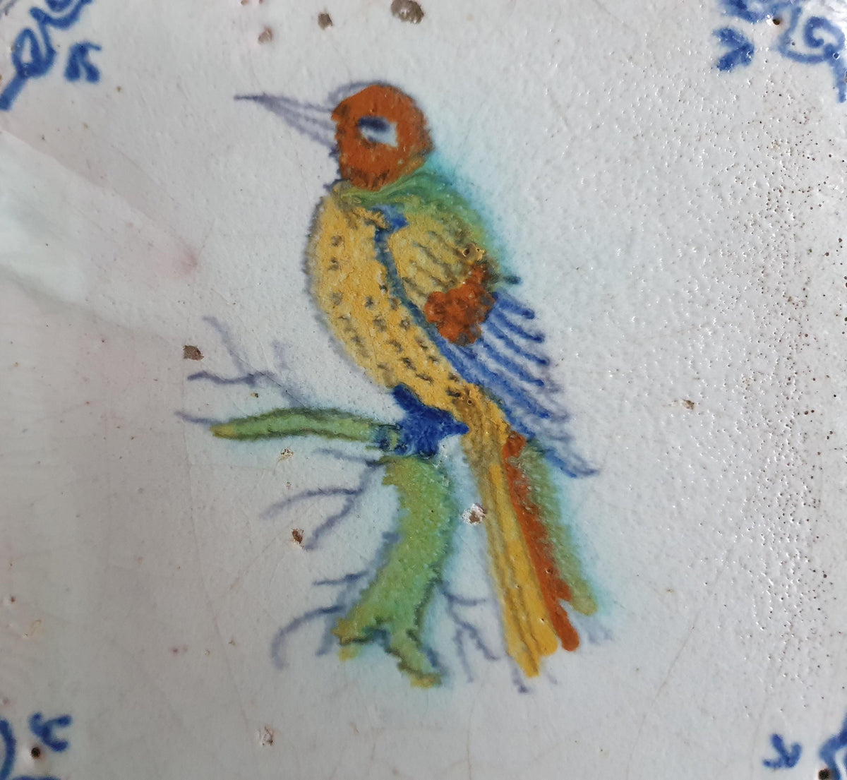 Antique Delft Tile - Polychrome  Bird with oxhead corner Motifs, Around 1640 animaltile