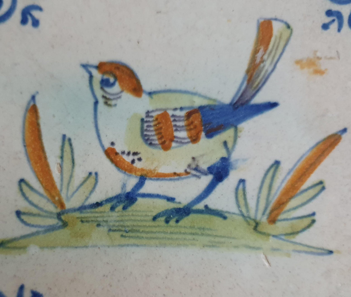 Antique Delft Tile - Polychrome  Bird with oxhead corner Motifs, Around 1640 animaltile