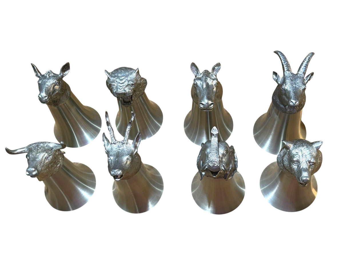 Italian Vintage Animal Head Hunting Cups complete  Set of 8, 1970s Stirrup Cups rare