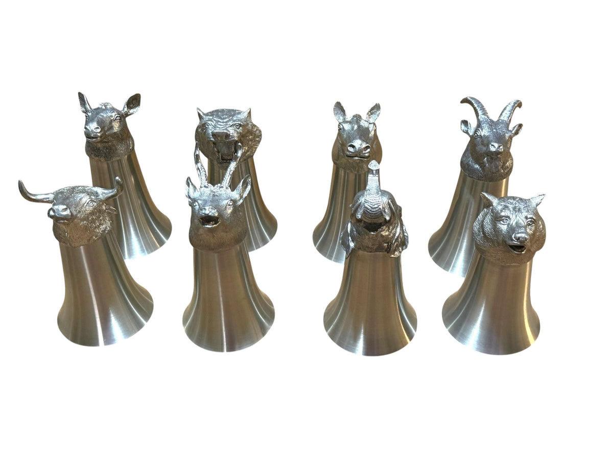 Italian Vintage Animal Head Hunting Cups complete  Set of 8, 1970s Stirrup Cups rare