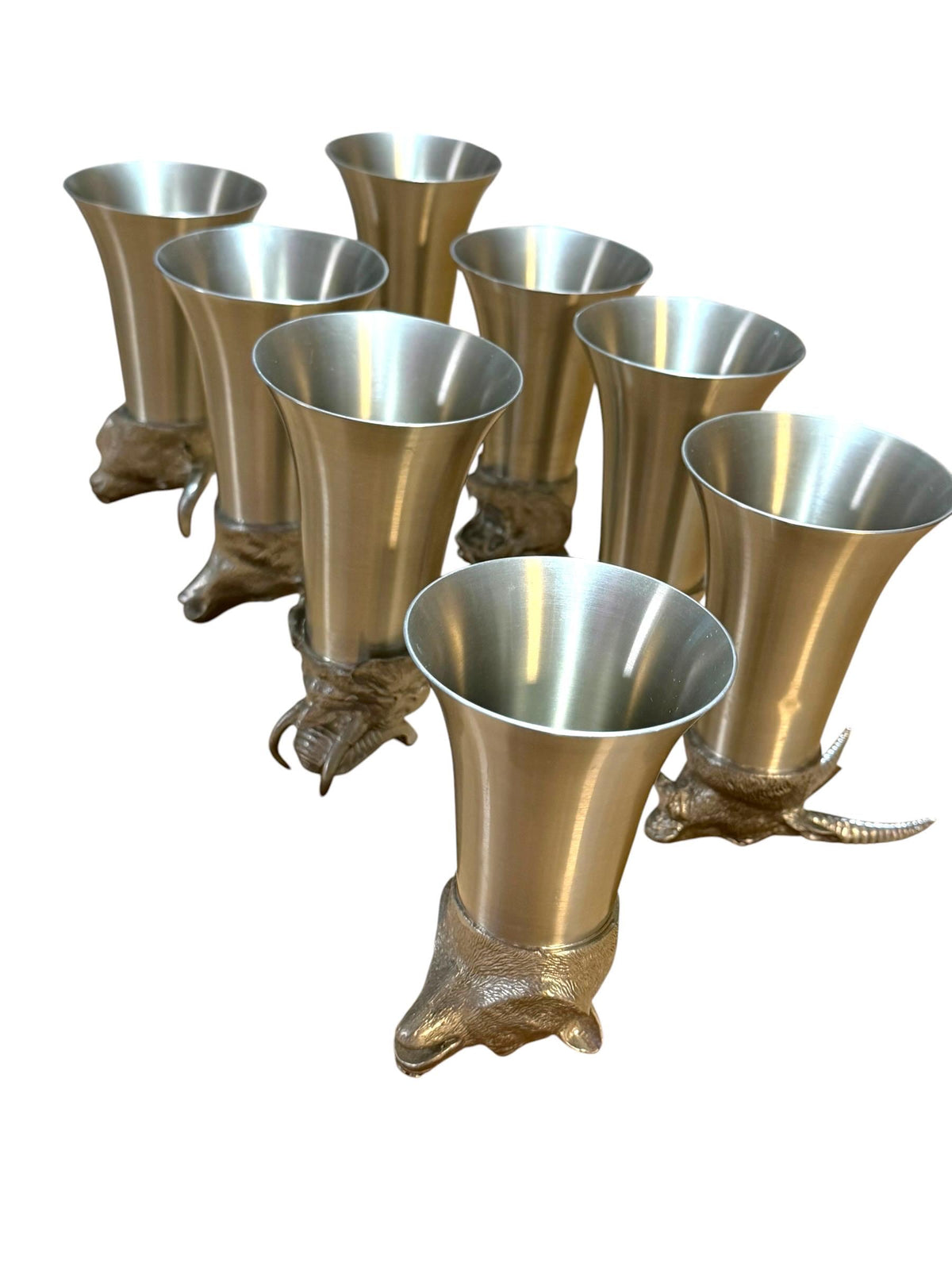 Italian Vintage Animal Head Hunting Cups complete  Set of 8, 1970s Stirrup Cups rare