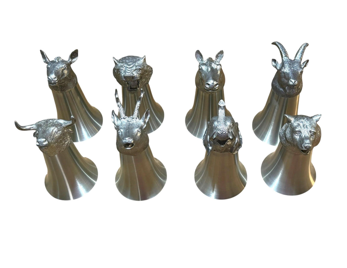 Italian Vintage Animal Head Hunting Cups complete  Set of 8, 1970s Stirrup Cups rare