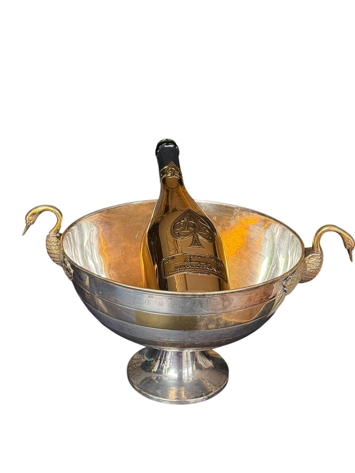 French silvered and Brass Champagne Bucket with Swan Handles - X Large Empire Style Wine Cooler – Taittinger Style  Ice – France c.1935–1940