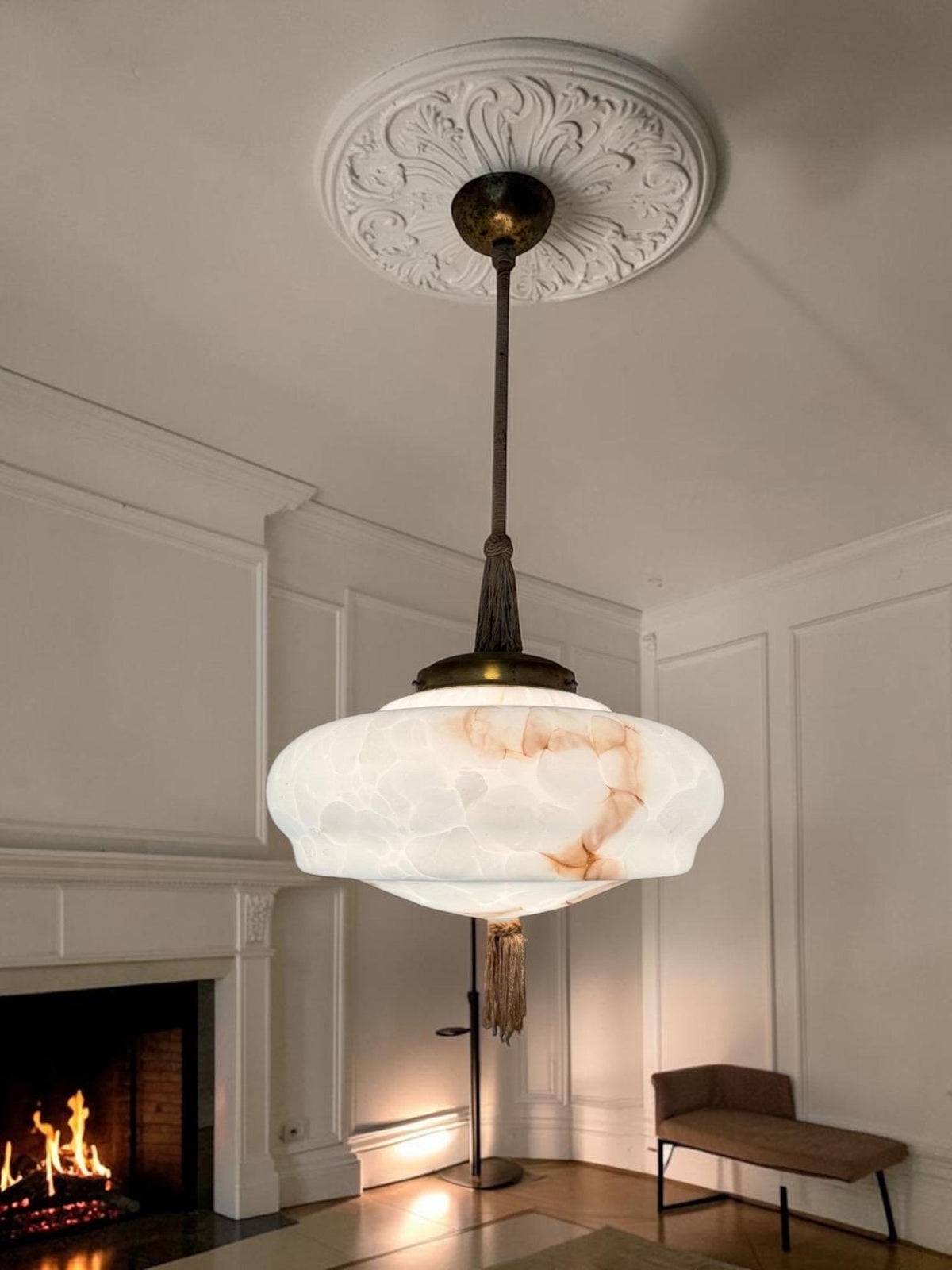 Art deco pastel baby blue charleston ceiling Lamp with Opaline Glass, , c. 1920s  Ceiling lamp hanging , rod