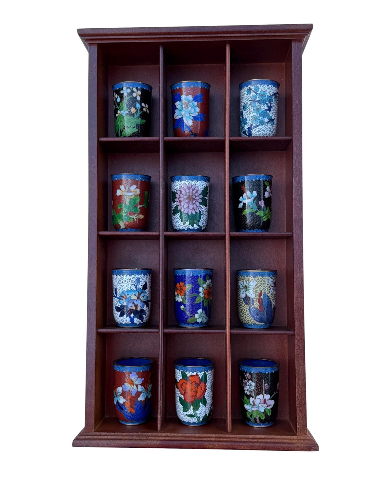 Set of 12 Vintage Cloisonné Enamel Cups in Wooden Display Cabinet chinese tea ritual