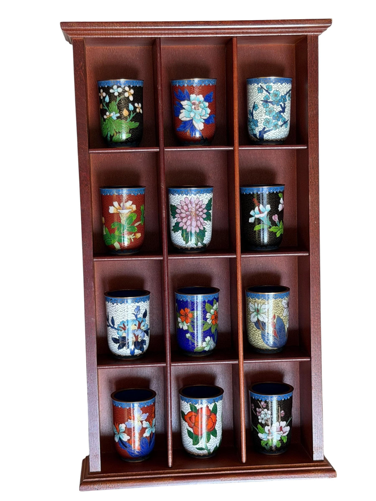 Set of 12 Vintage Cloisonné Enamel Cups in Wooden Display Cabinet chinese tea ritual
