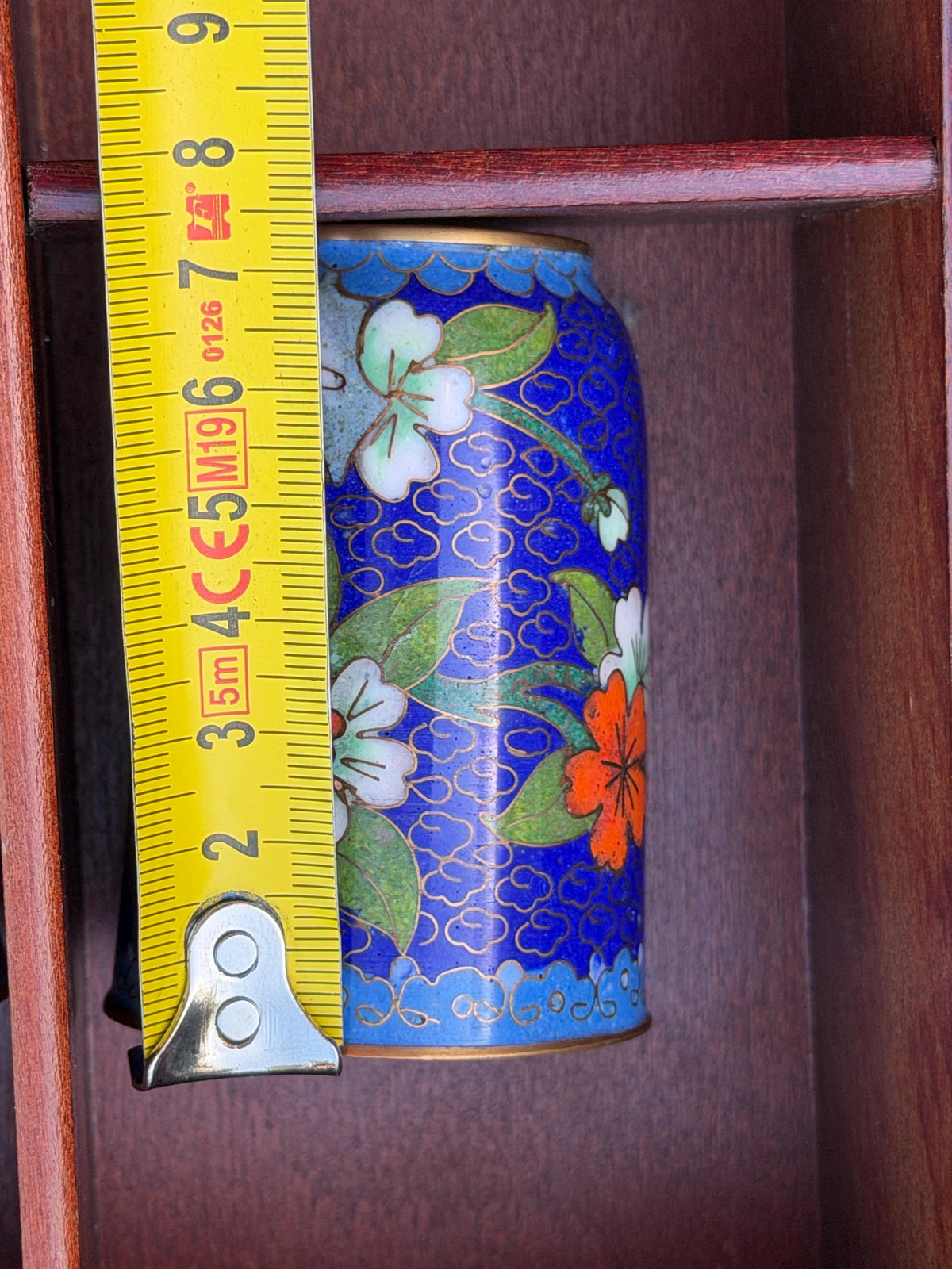Set of 12 Vintage Cloisonné Enamel Cups in Wooden Display Cabinet chinese tea ritual
