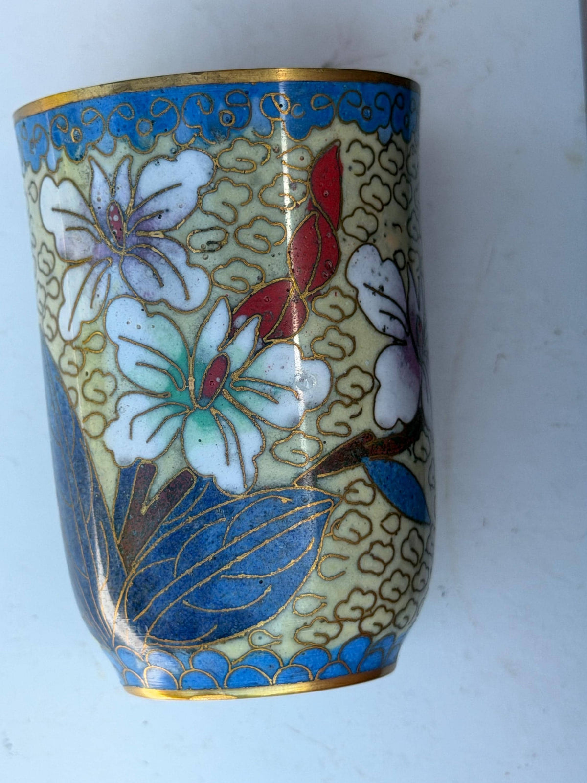 Set of 12 Vintage Cloisonné Enamel Cups in Wooden Display Cabinet chinese tea ritual
