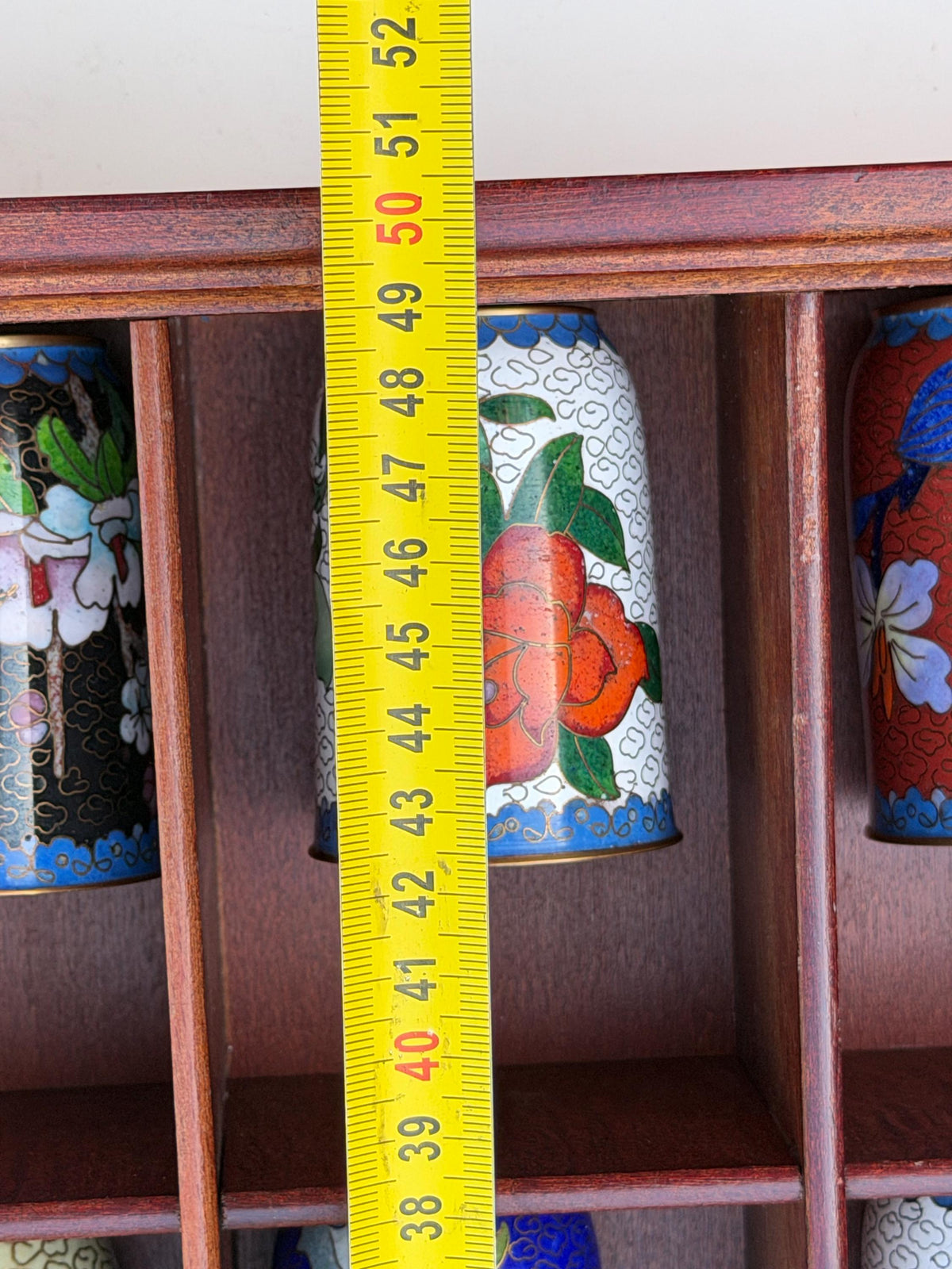 Set of 12 Vintage Cloisonné Enamel Cups in Wooden Display Cabinet chinese tea ritual