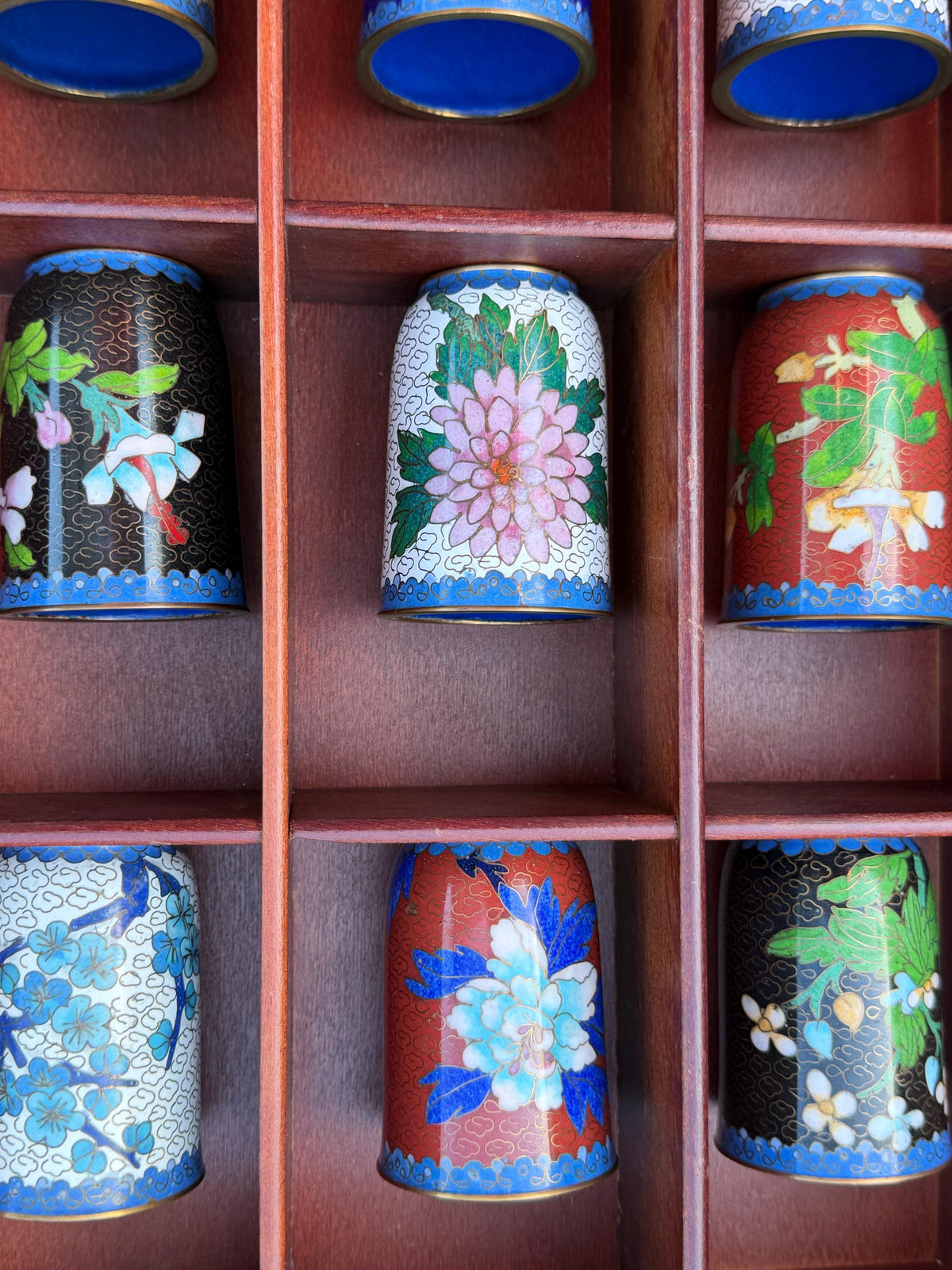 Set of 12 Vintage Cloisonné Enamel Cups in Wooden Display Cabinet chinese tea ritual