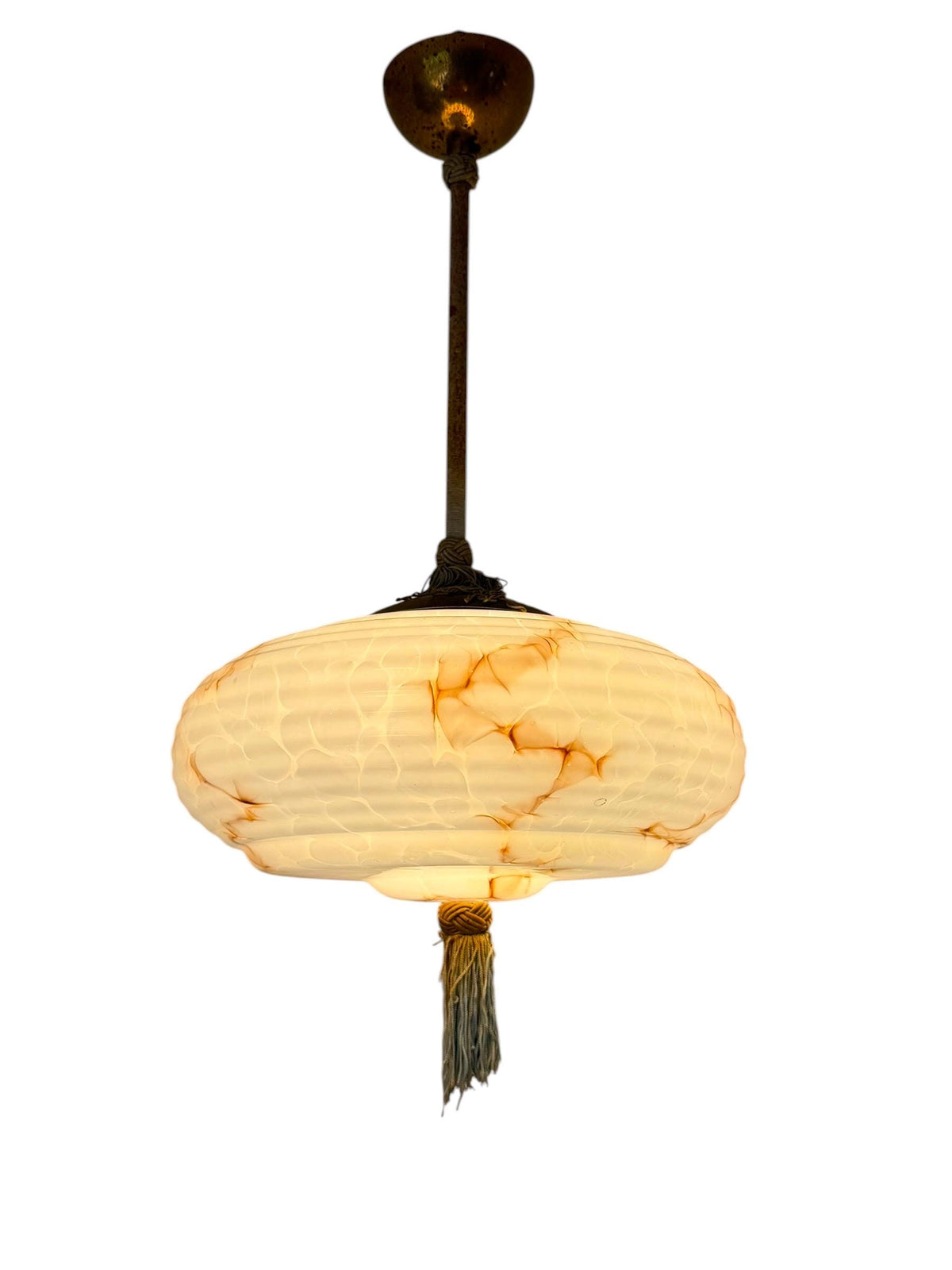 Art deco pastel baby blue charleston ceiling Lamp with Opaline Glass, , c. 1920s  Ceiling lamp hanging , rod