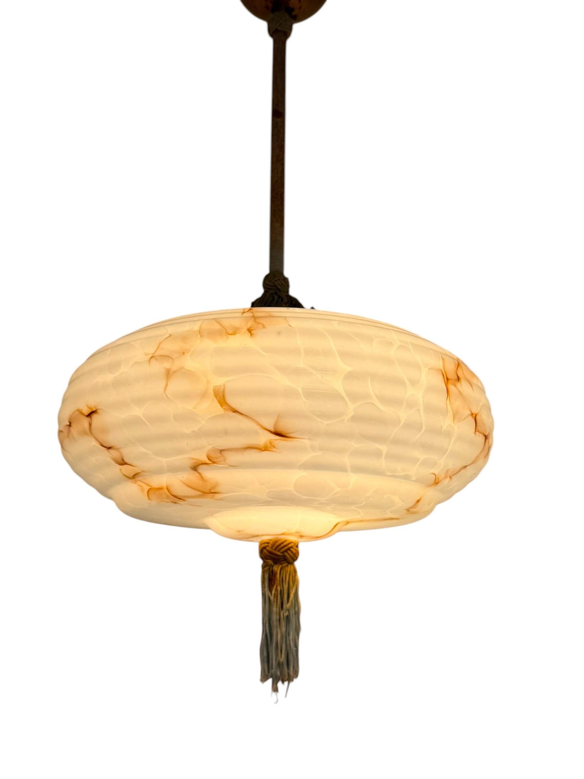 Art deco pastel baby blue charleston ceiling Lamp with Opaline Glass, , c. 1920s  Ceiling lamp hanging , rod