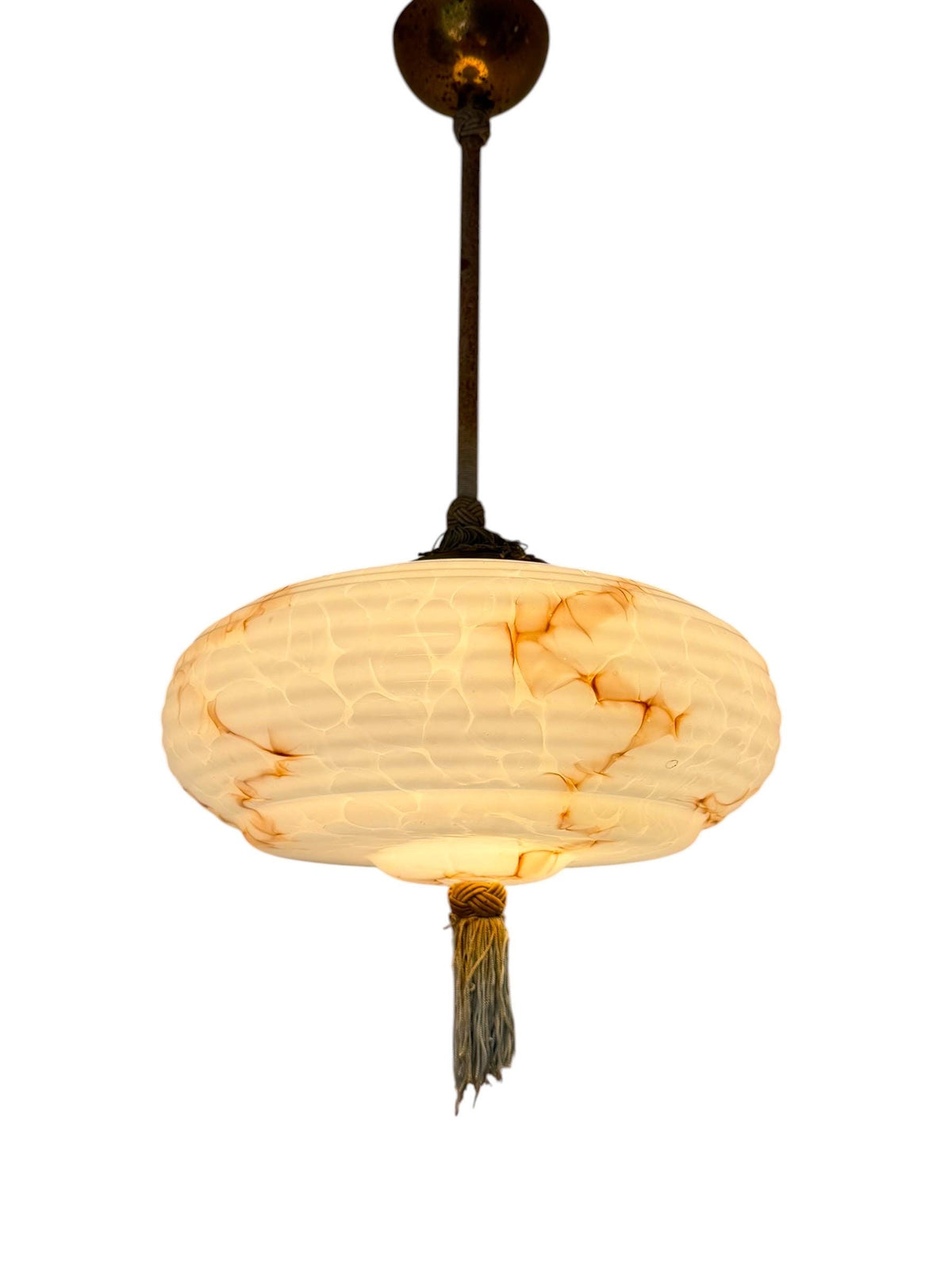 Art deco pastel baby blue charleston ceiling Lamp with Opaline Glass, , c. 1920s  Ceiling lamp hanging , rod