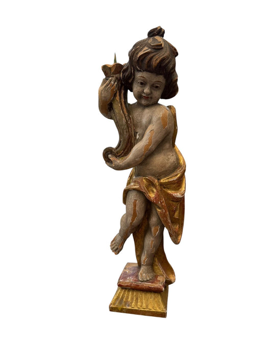 18th Century South German Baroque Polychrome and Giltwood Putto Candle Holder with Iron Candle Spike