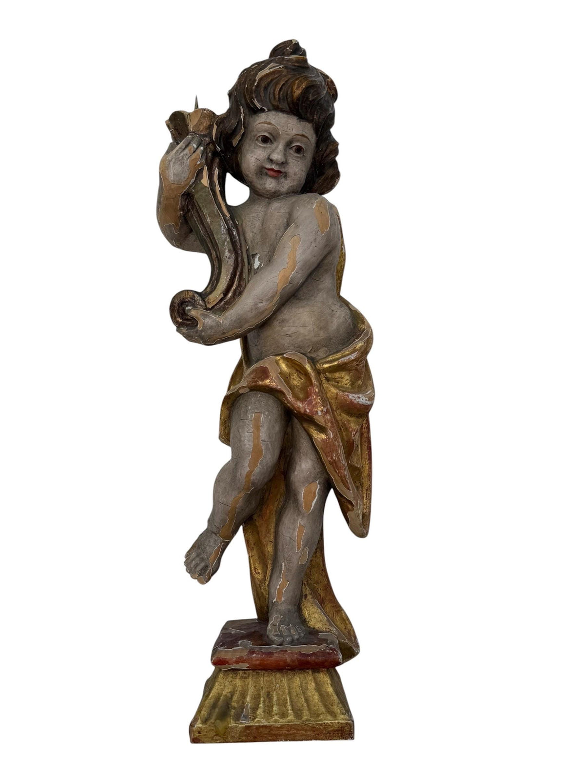 18th Century South German Baroque Polychrome and Giltwood Putto Candle Holder with Iron Candle Spike
