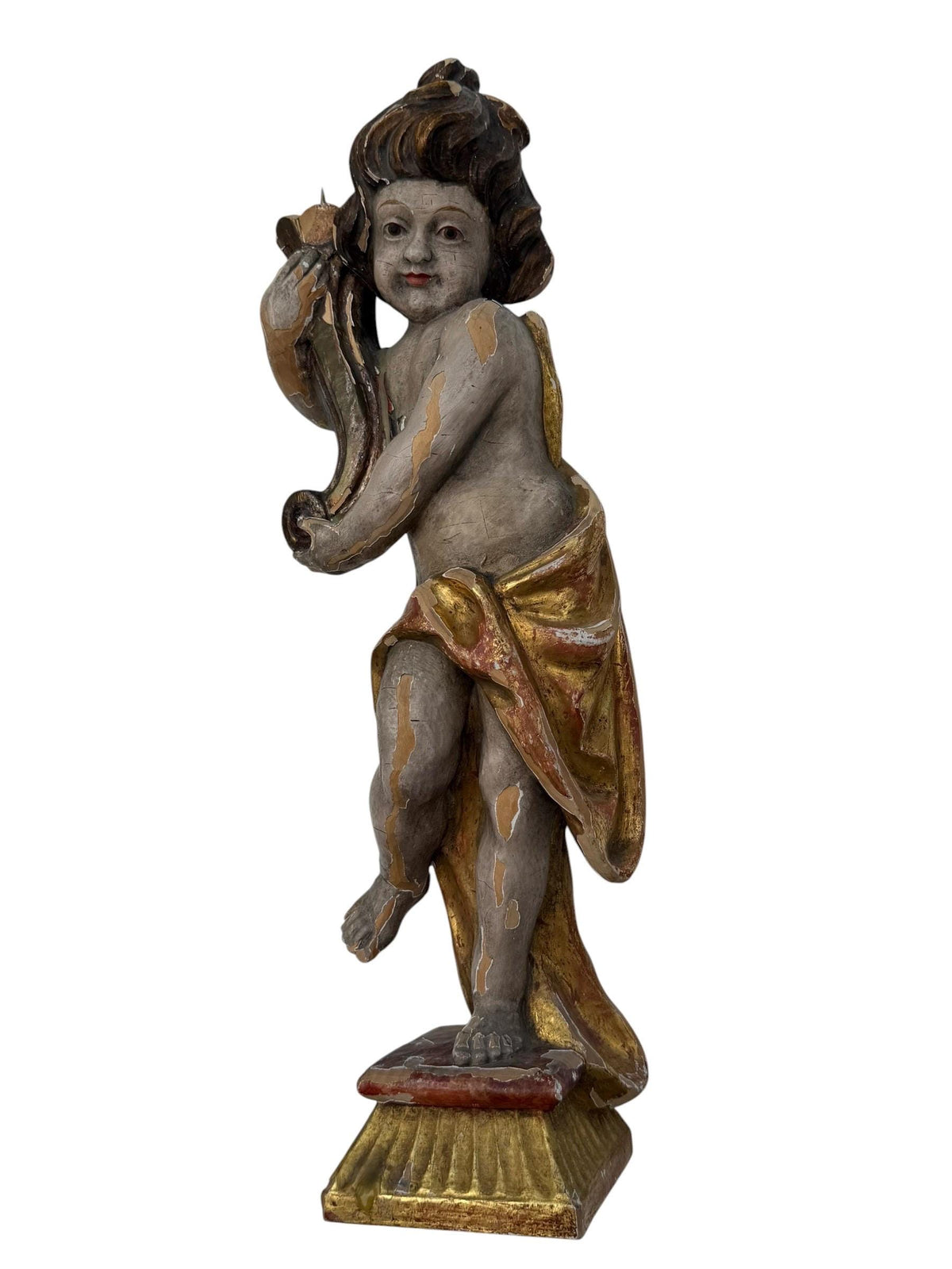 18th Century South German Baroque Polychrome and Giltwood Putto Candle Holder with Iron Candle Spike