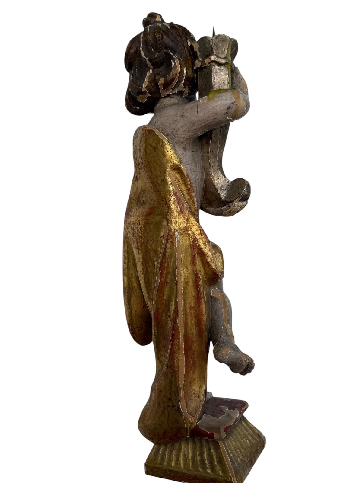 18th Century South German Baroque Polychrome and Giltwood Putto Candle Holder with Iron Candle Spike