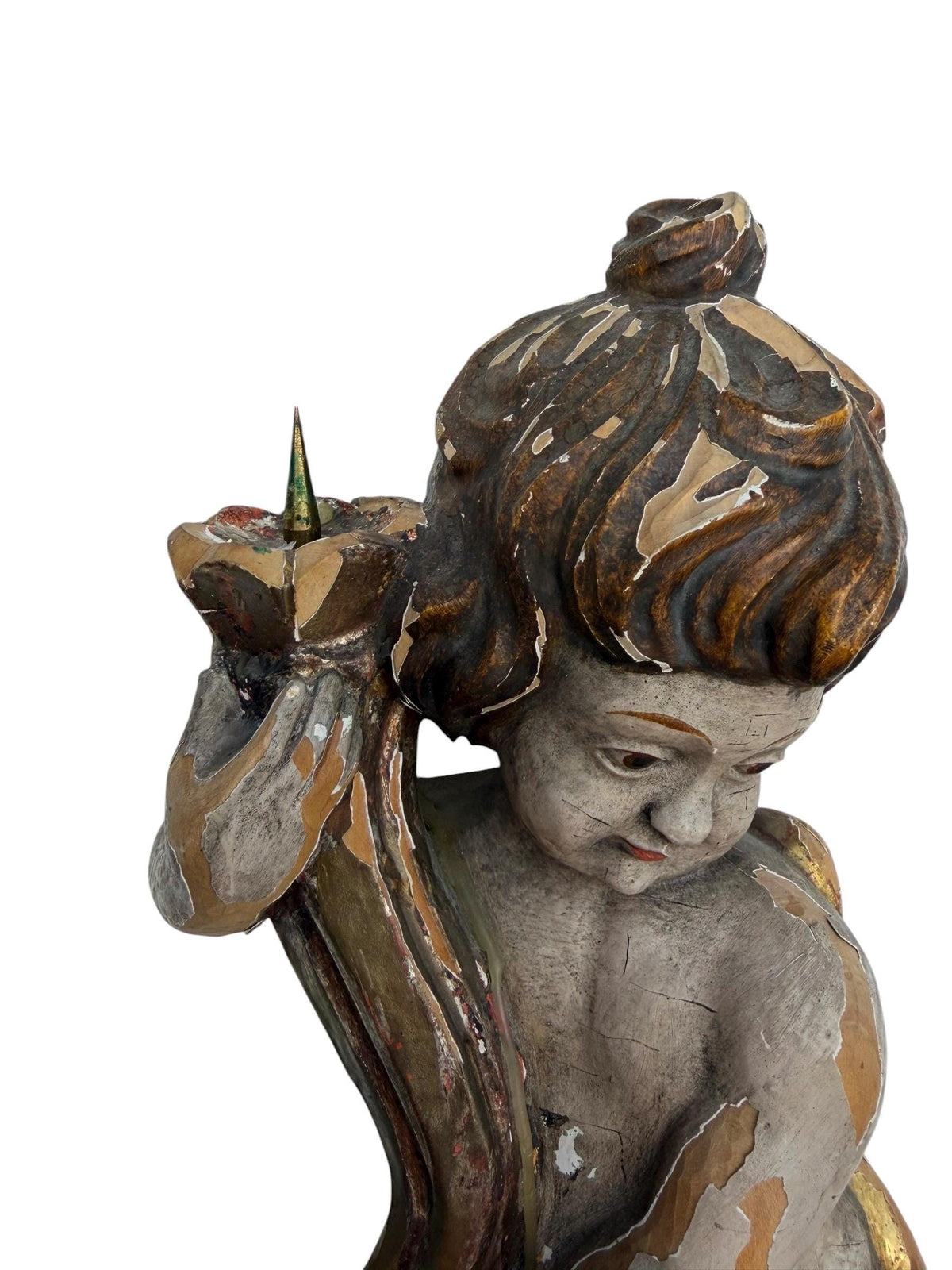 18th Century South German Baroque Polychrome and Giltwood Putto Candle Holder with Iron Candle Spike