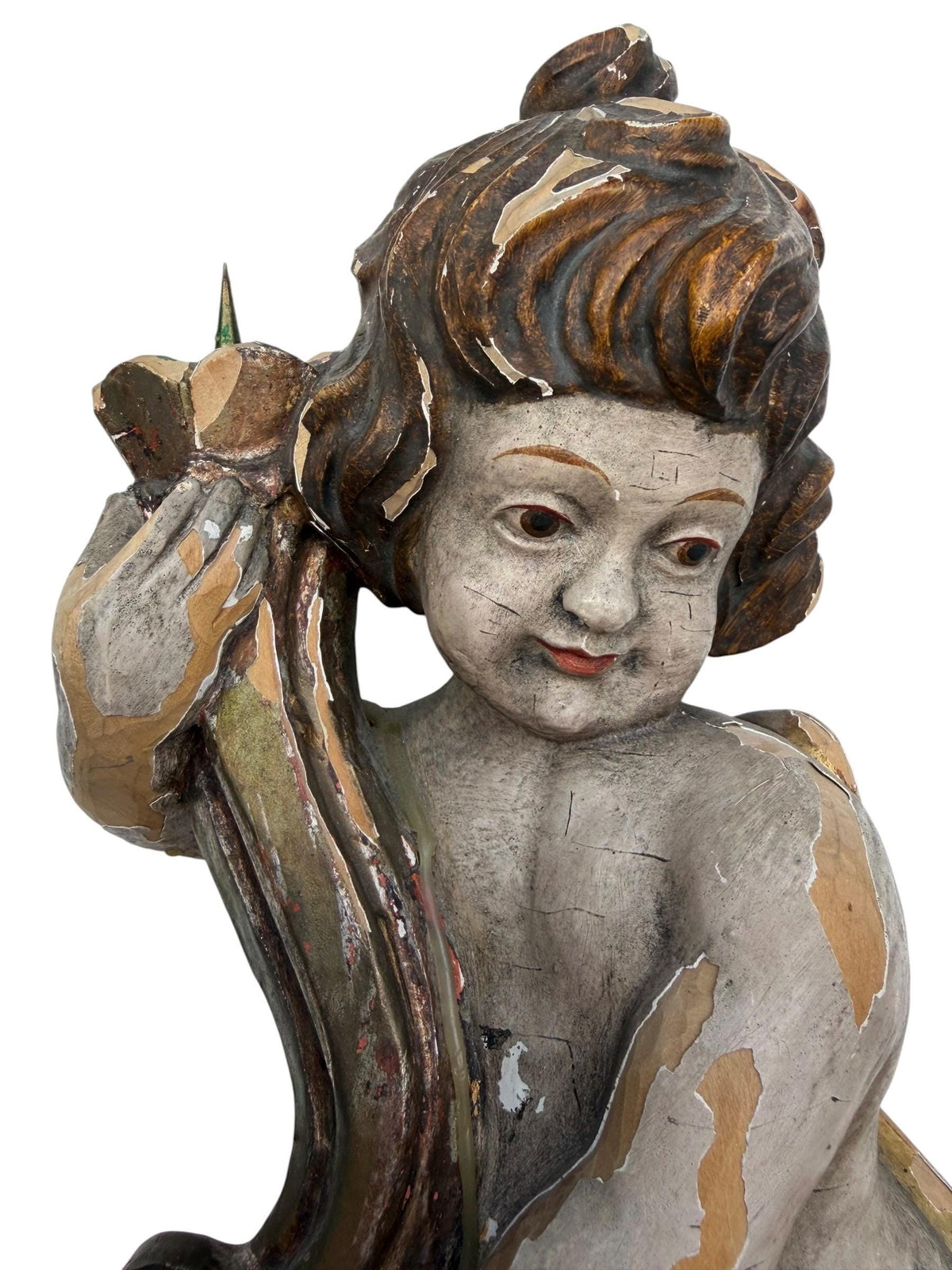 18th Century South German Baroque Polychrome and Giltwood Putto Candle Holder with Iron Candle Spike