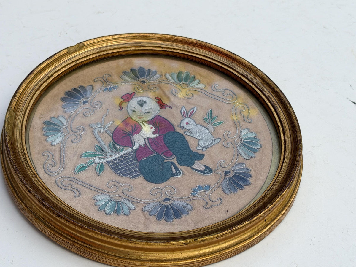 19th Century Chinese Qing Dynasty Silk Embroidery with Boy and Rabbits Gilt frame round