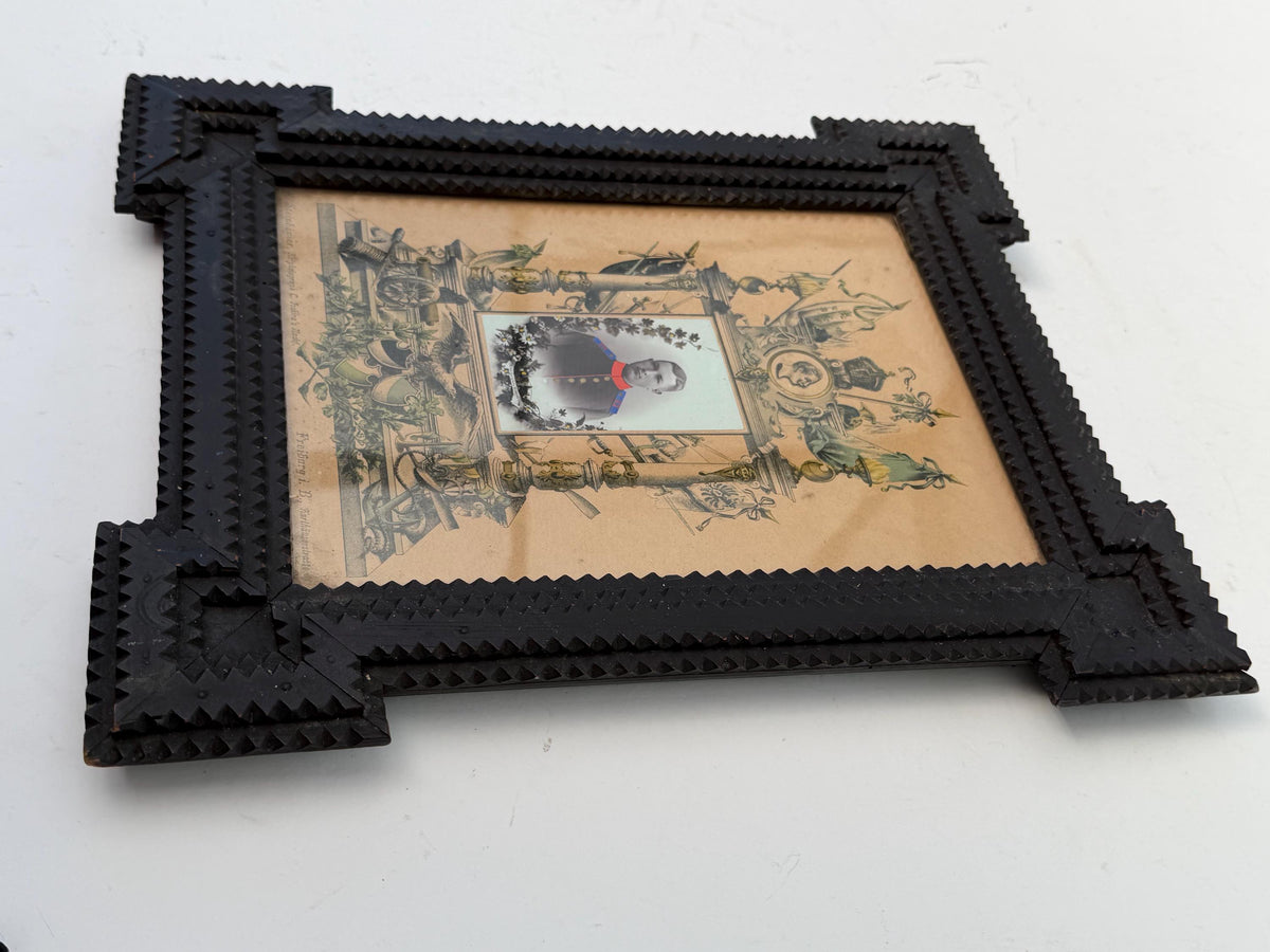 Antique Black Forest Carved Wood Frame with German Military Portrait c.1900 imperial period freiburg