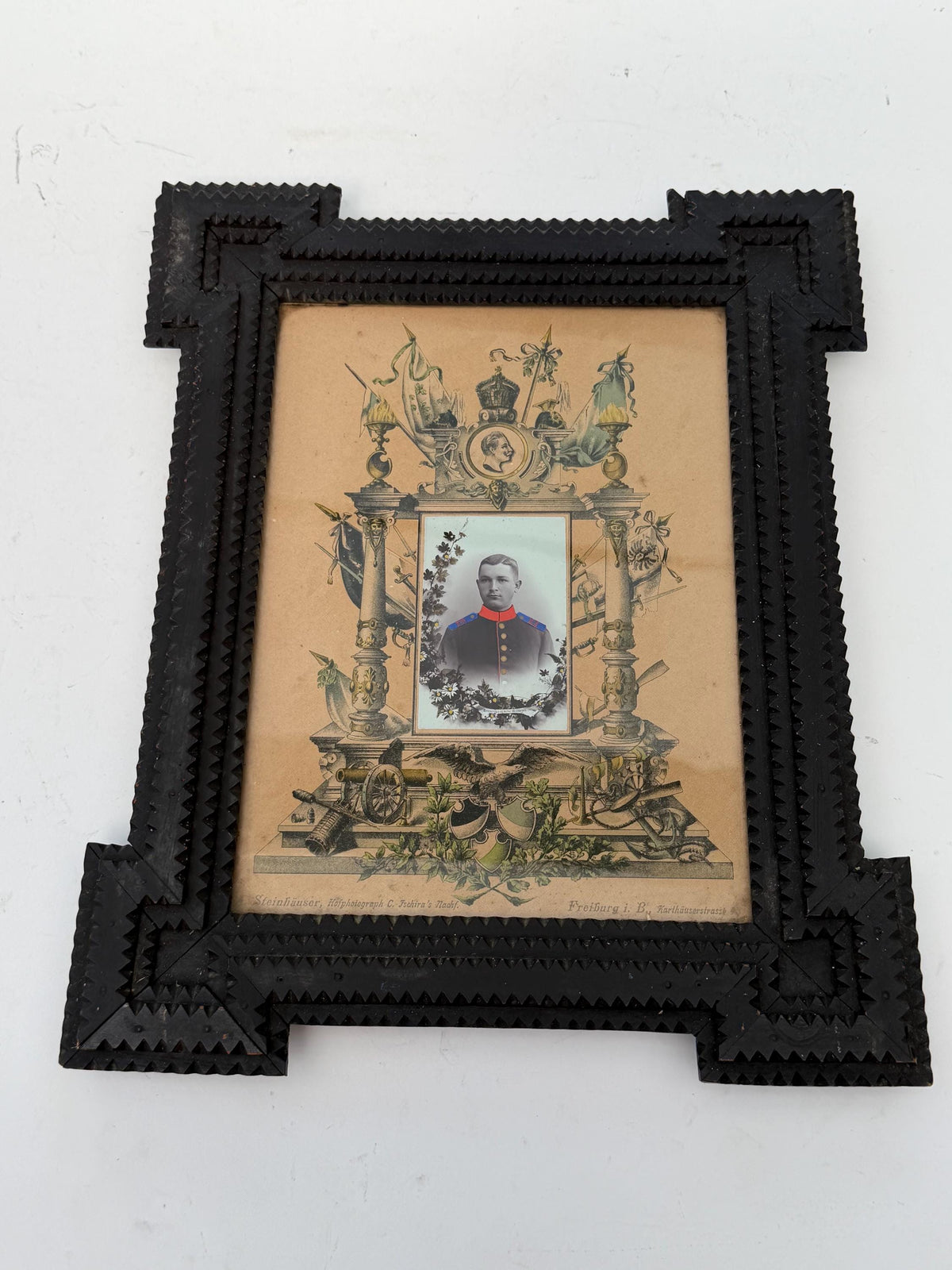 Antique Black Forest Carved Wood Frame with German Military Portrait c.1900 imperial period freiburg