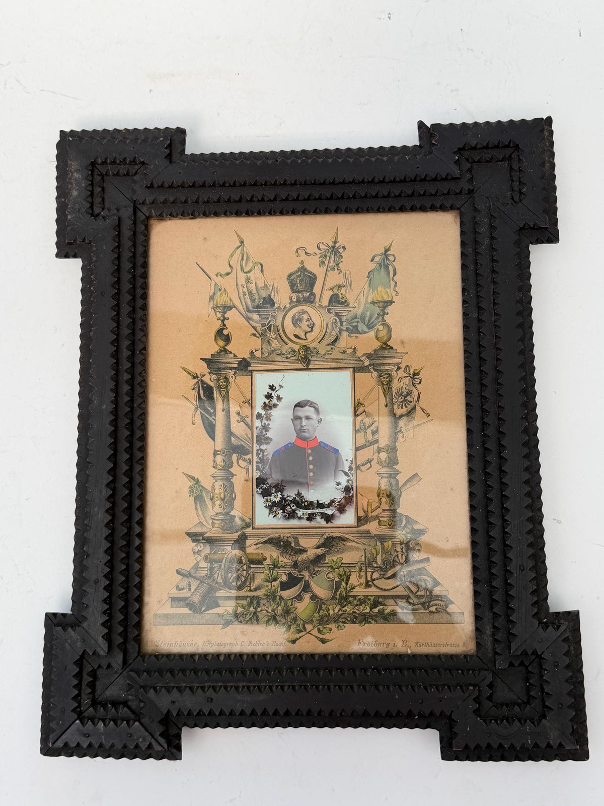Antique Black Forest Carved Wood Frame with German Military Portrait c.1900 imperial period freiburg