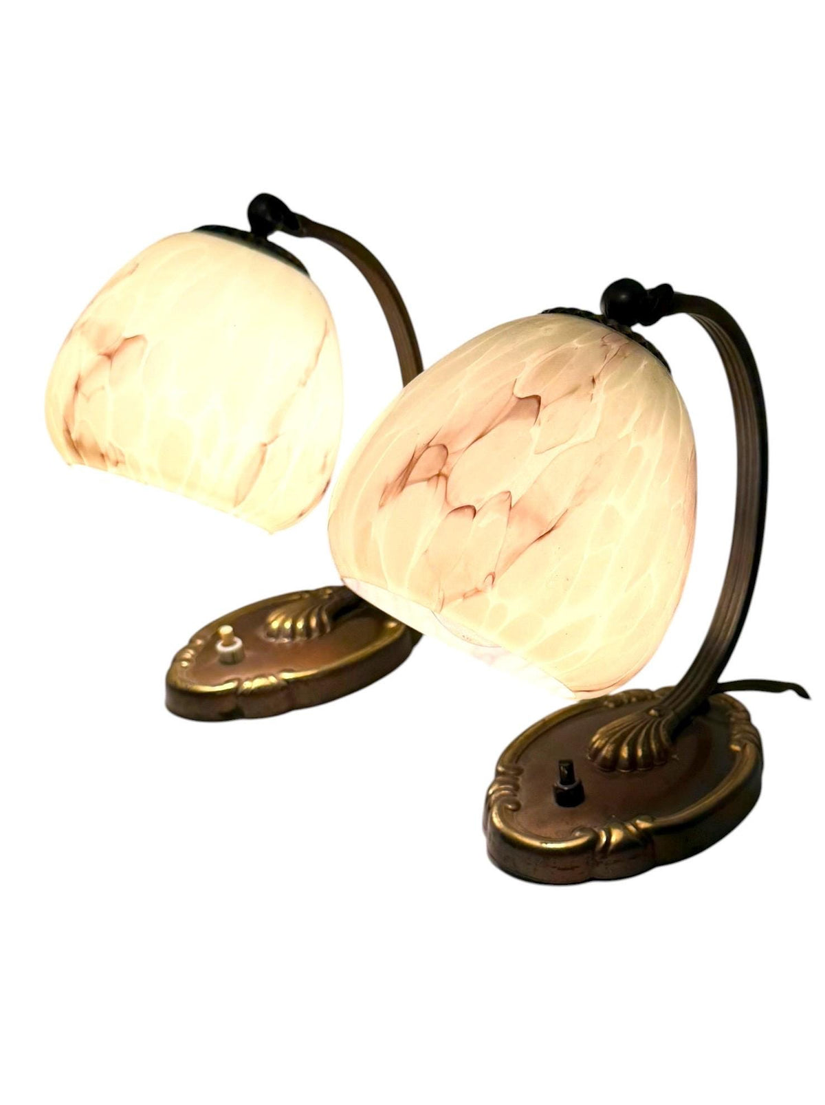 Set of deco  brass Bedside Lamps, 1930s opalin Glass Table Lamp ausema lights antique pair