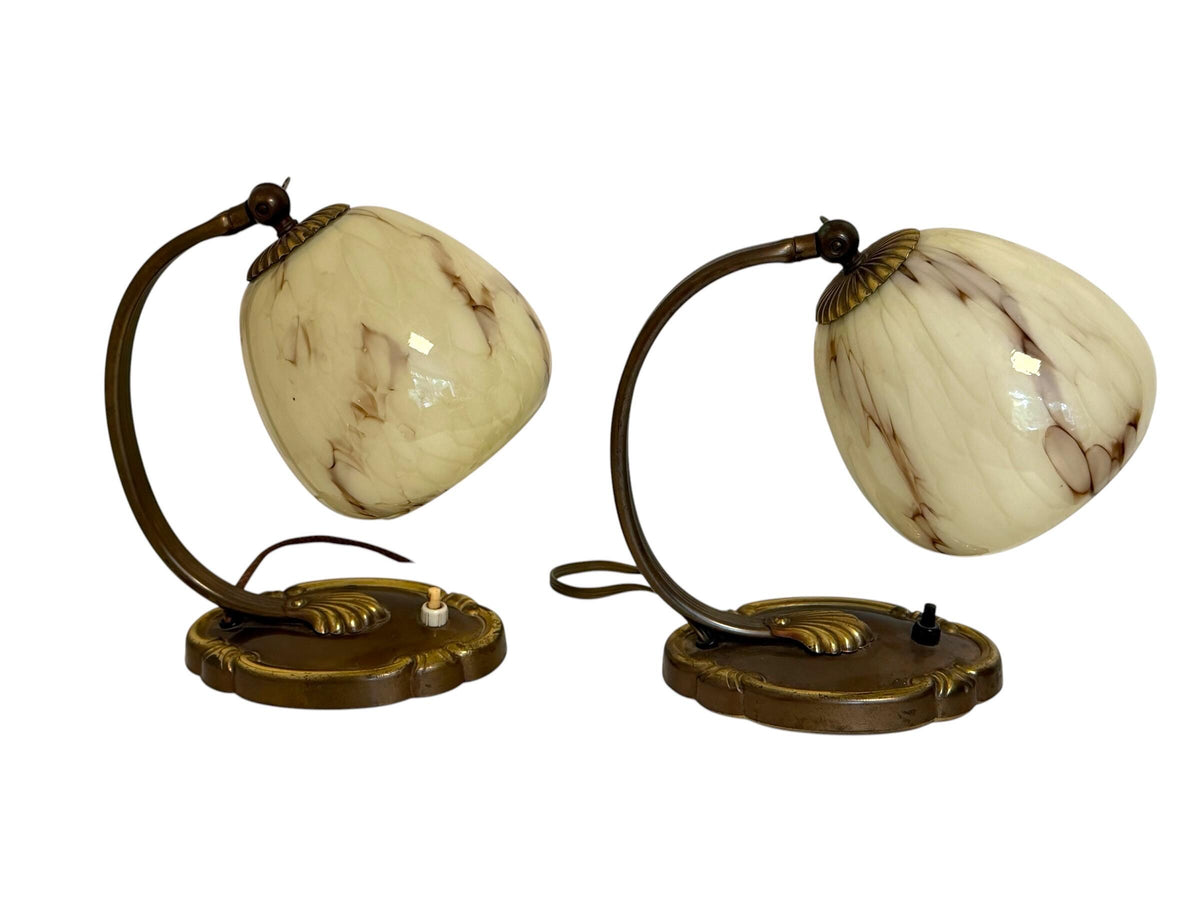 Set of deco  brass Bedside Lamps, 1930s opalin Glass Table Lamp ausema lights antique pair