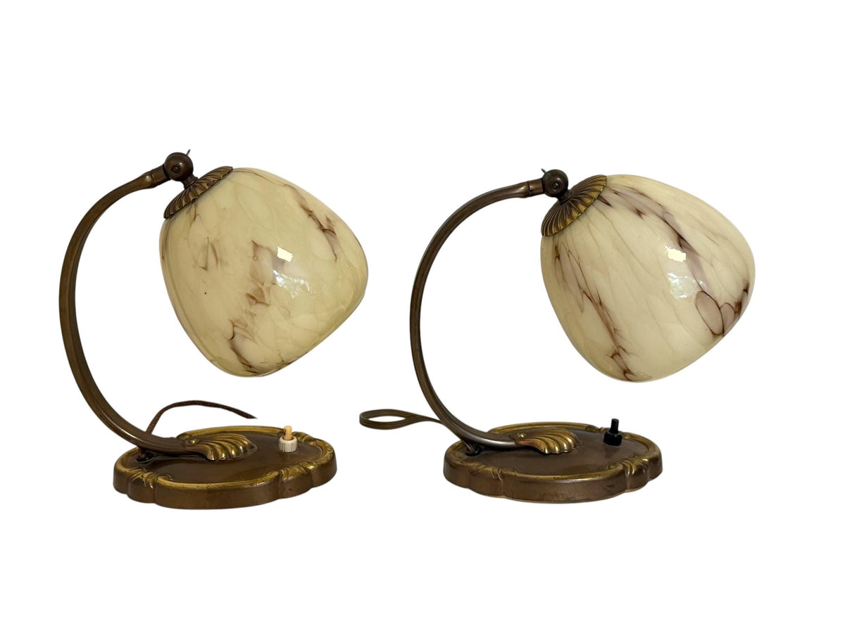 Set of deco  brass Bedside Lamps, 1930s opalin Glass Table Lamp ausema lights antique pair