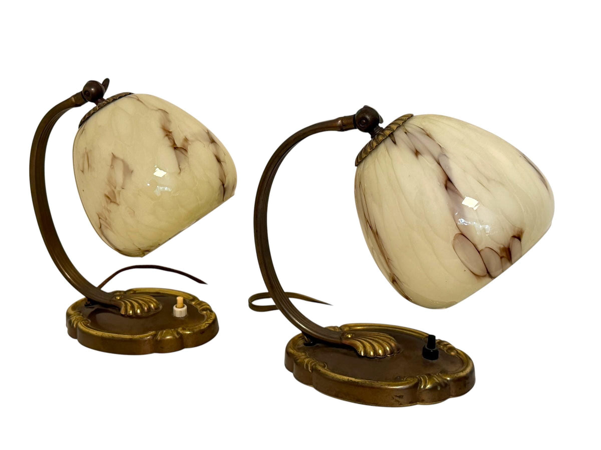 Set of deco  brass Bedside Lamps, 1930s opalin Glass Table Lamp ausema lights antique pair