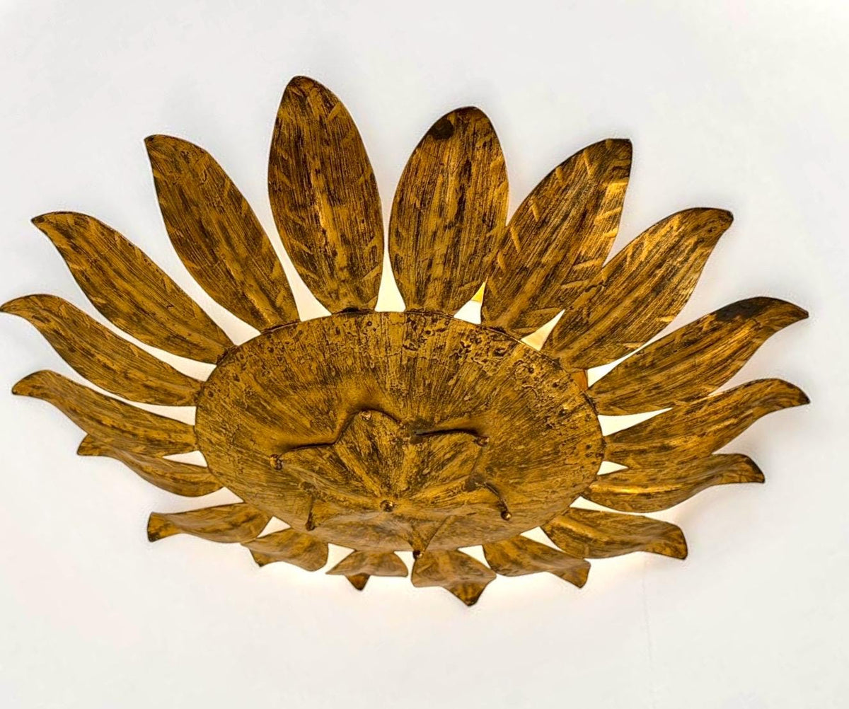 Spanish gold Gilt Metal Sunburst Ceiling Light, 1960s hollywood regency vintage luxury lamp