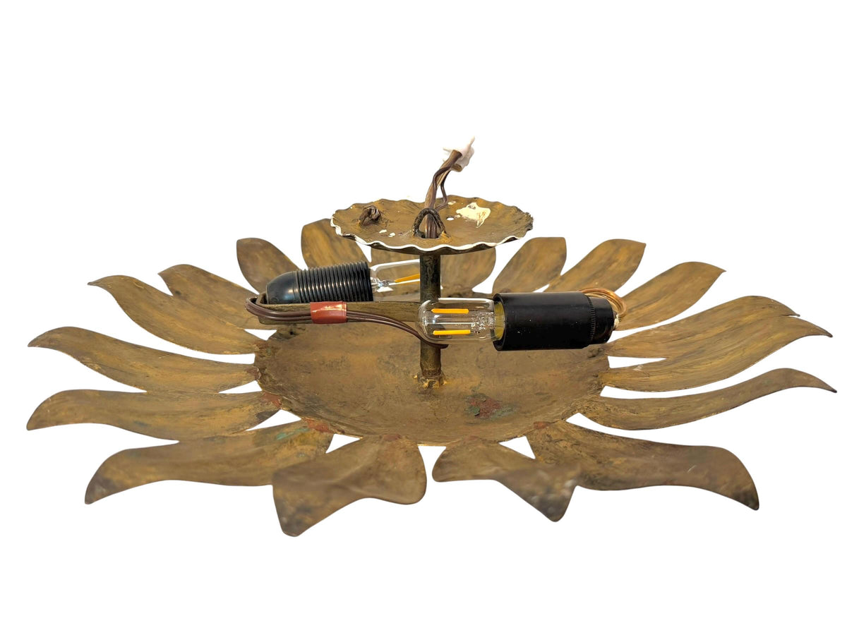 Spanish gold Gilt Metal Sunburst Ceiling Light, 1960s hollywood regency vintage luxury lamp