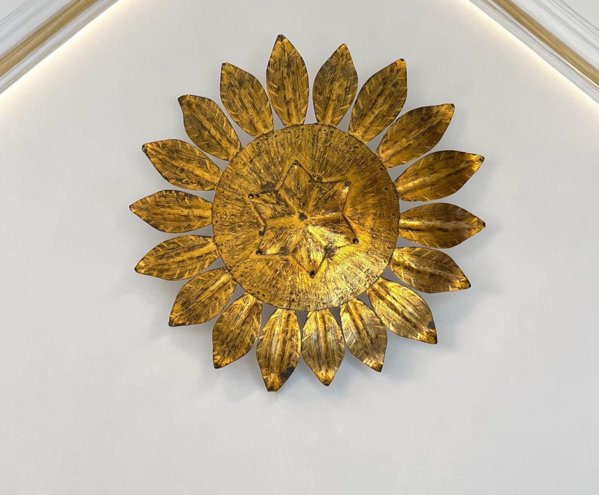 Spanish gold Gilt Metal Sunburst Ceiling Light, 1960s hollywood regency vintage luxury lamp
